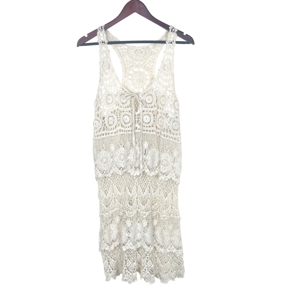 Dress Sz S/M Crochet Lace Open Knit Cotton Fairy Grunge Festival Boho Cream Midi